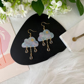 Rain Cloud Earrings Dangle - Fun white Cloud long drop earrings